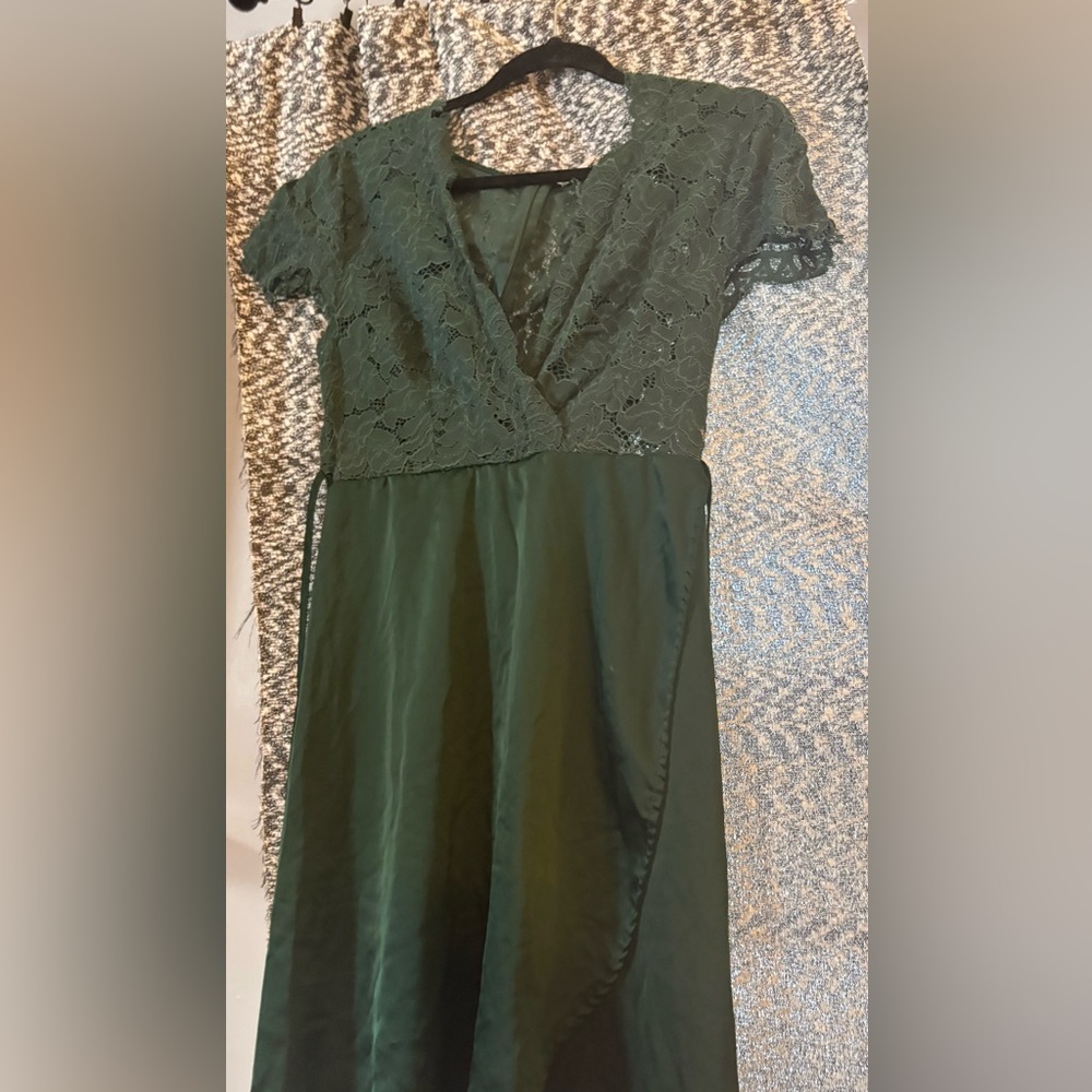 Emerald green satin lace wrap skirt dress
